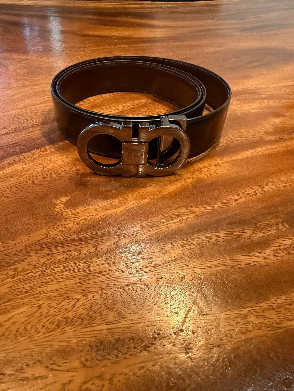 Salvatore Ferragamo Men's Brown Leather Belt with Double Gancini Buckle